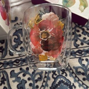 Double wall 12oz glass coffee or tea cup floral design on both sides of cup